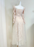 Retro Palace Nude Pink A-Line Long Lace Tulle Long Prom Dresses Evening Dresses