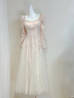 Retro Palace Nude Pink A-Line Long Lace Tulle Long Prom Dresses Evening Dresses