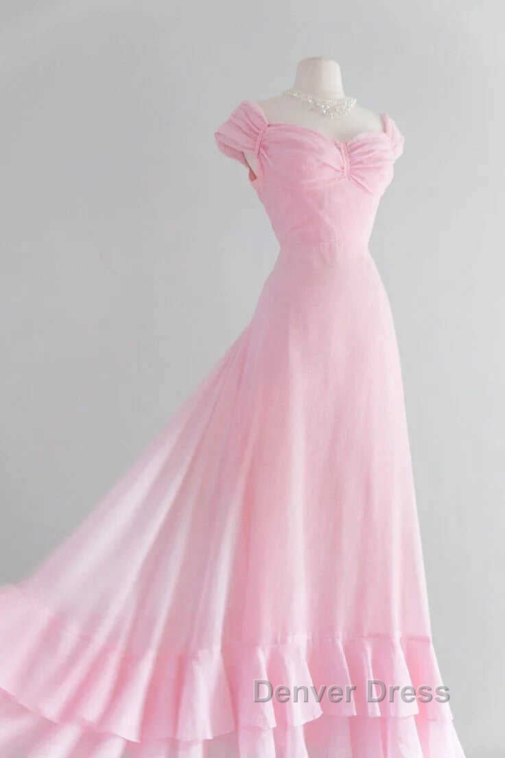 Retro Pink A-line Long Prom Dresses,Pink Bridesmaid Dresses