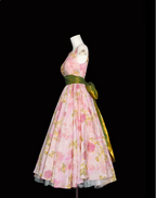 Retro Pink Floral Print A-Line Round Neck Bow Waist-Cinching Long Prom Dresses