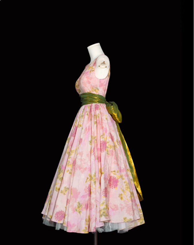 Retro Pink Floral Print A-Line Round Neck Bow Waist-Cinching Long Prom Dresses