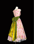Retro Pink Floral Print A-Line Round Neck Bow Waist-Cinching Long Prom Dresses
