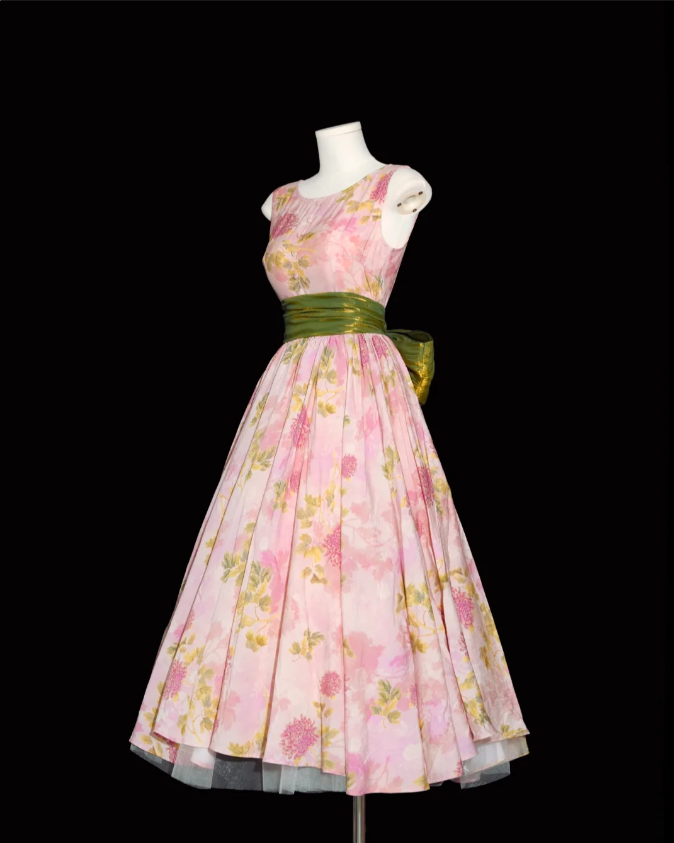 Retro Pink Floral Print A-Line Round Neck Bow Waist-Cinching Long Prom Dresses
