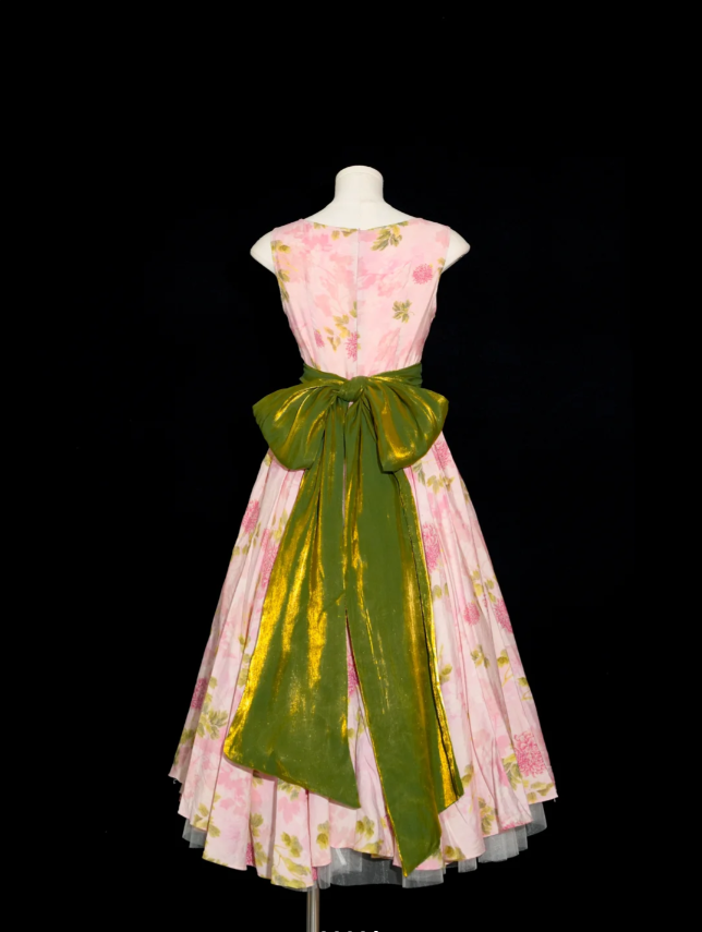 Retro Pink Floral Print A-Line Round Neck Bow Waist-Cinching Long Prom Dresses