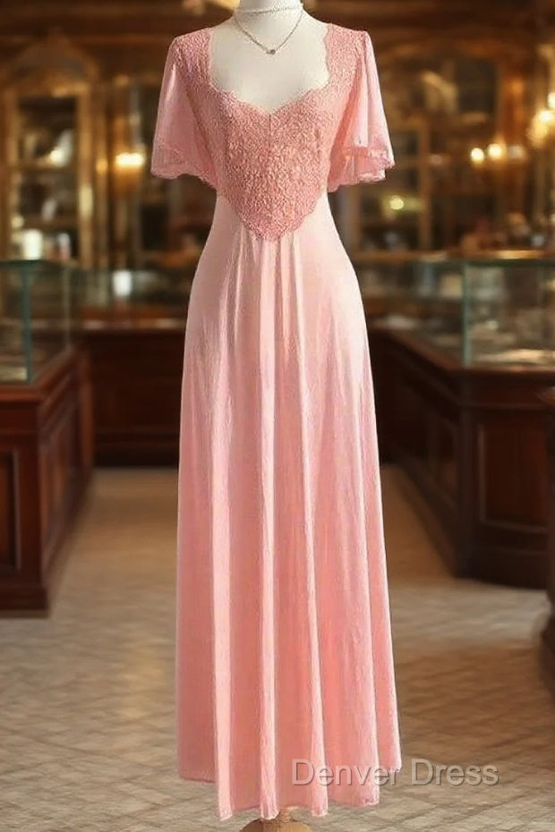 Retro Pink Long Bridesmaid Dresses Lace Prom Dresses Main image