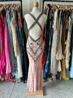 Retro Pink Mermaid Backless V-Neck Beaded Chiffon Long Prom Dresses Evening Dresses