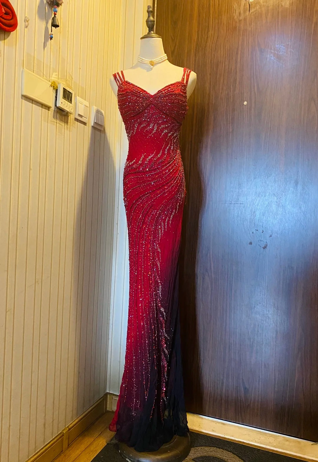 Retro Red And Black Gradient Mermaid V-Neck Halter Top Beaded Chiffon Long Prom Dresses Evening Dresses
