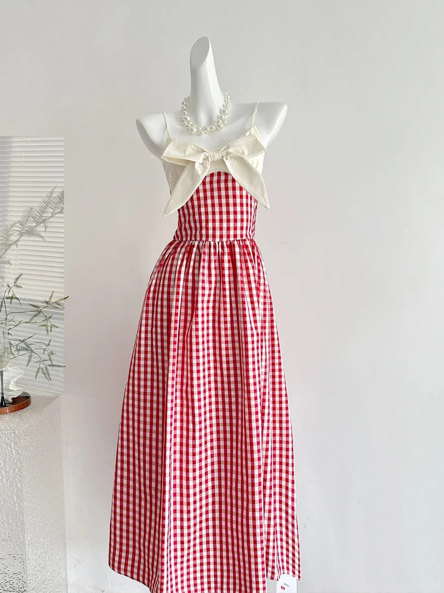 Retro Red And White Plaid A-Line Bow Strap Long Prom Dresses 17Th Birthday Dresses Secondary image