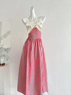 Retro Red And White Plaid A-Line Bow Strap Long Prom Dresses 17Th Birthday Dresses