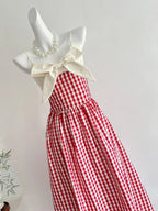 Retro Red And White Plaid A-Line Bow Strap Long Prom Dresses 17Th Birthday Dresses