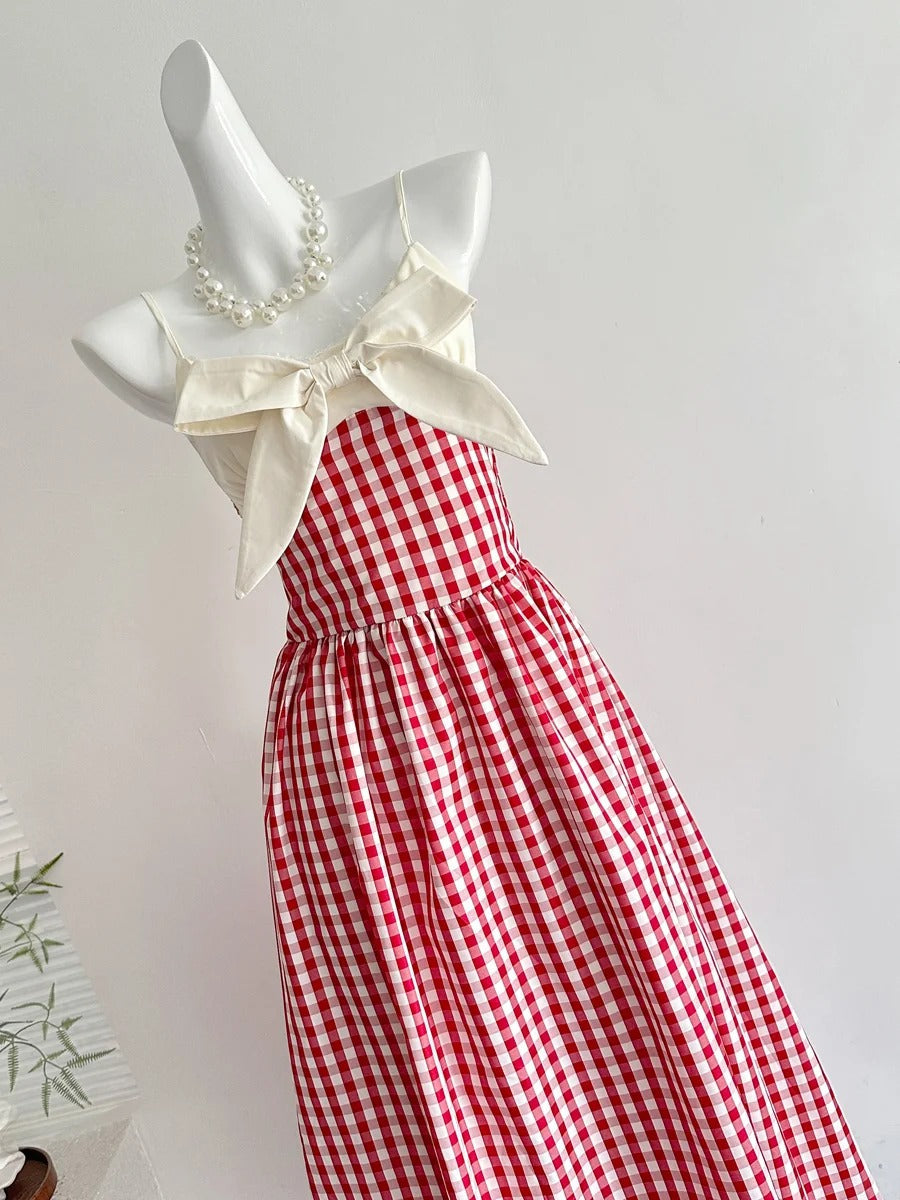 Retro Red And White Plaid A-Line Bow Strap Long Prom Dresses 17Th Birthday Dresses