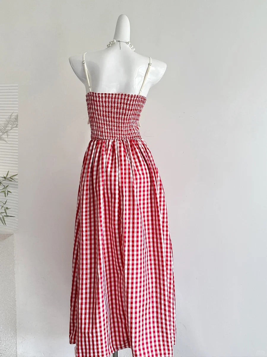 Retro Red And White Plaid A-Line Bow Strap Long Prom Dresses 17Th Birthday Dresses