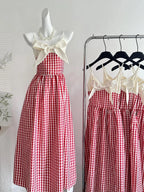 Retro Red And White Plaid A-Line Bow Strap Long Prom Dresses 17Th Birthday Dresses