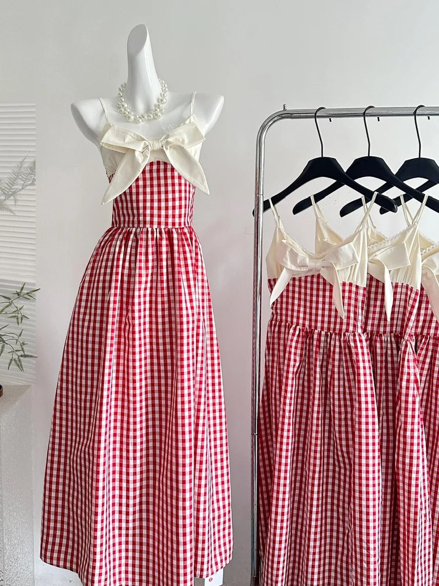 Retro Red And White Plaid A-Line Bow Strap Long Prom Dresses 17Th Birthday Dresses