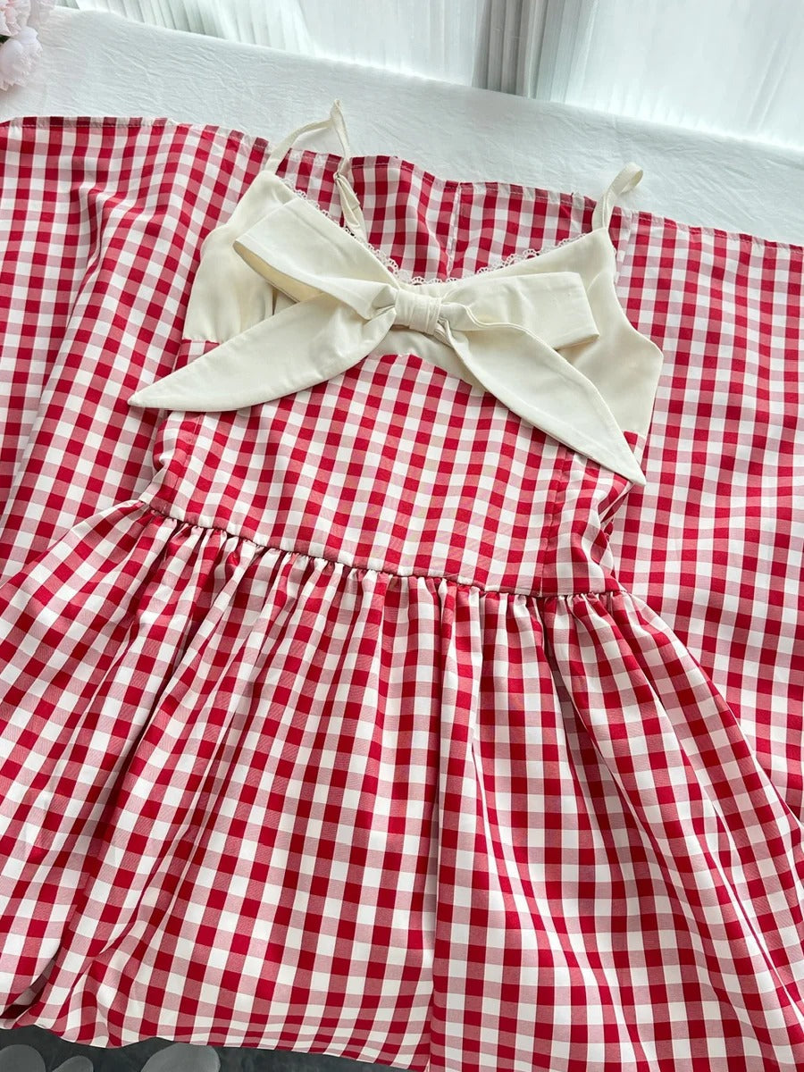 Retro Red And White Plaid A-Line Bow Strap Long Prom Dresses 17Th Birthday Dresses