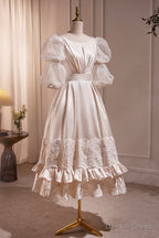 Retro Scoop Neck Lace Tea length Prom Dress, A Line Puffy Short Sleeve Prom Dresses