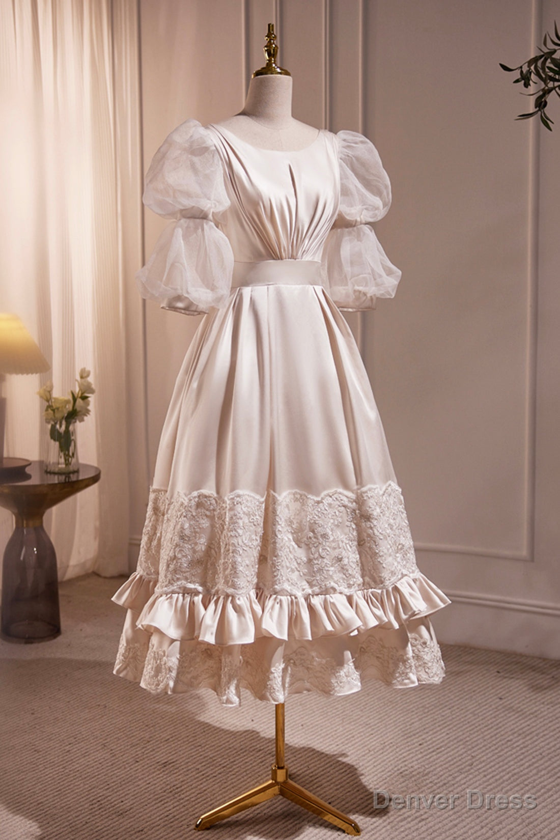 Retro Scoop Neck Lace Tea length Prom Dress, A Line Puffy Short Sleeve Prom Dresses