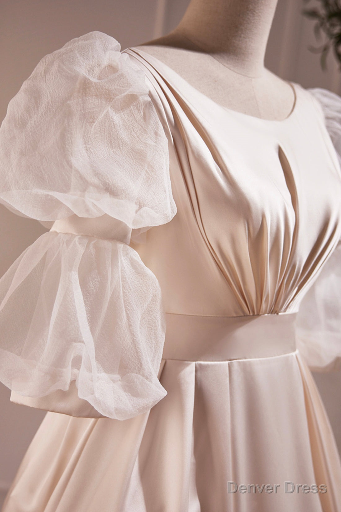 Retro Scoop Neck Lace Tea length Prom Dress, A Line Puffy Short Sleeve Prom Dresses