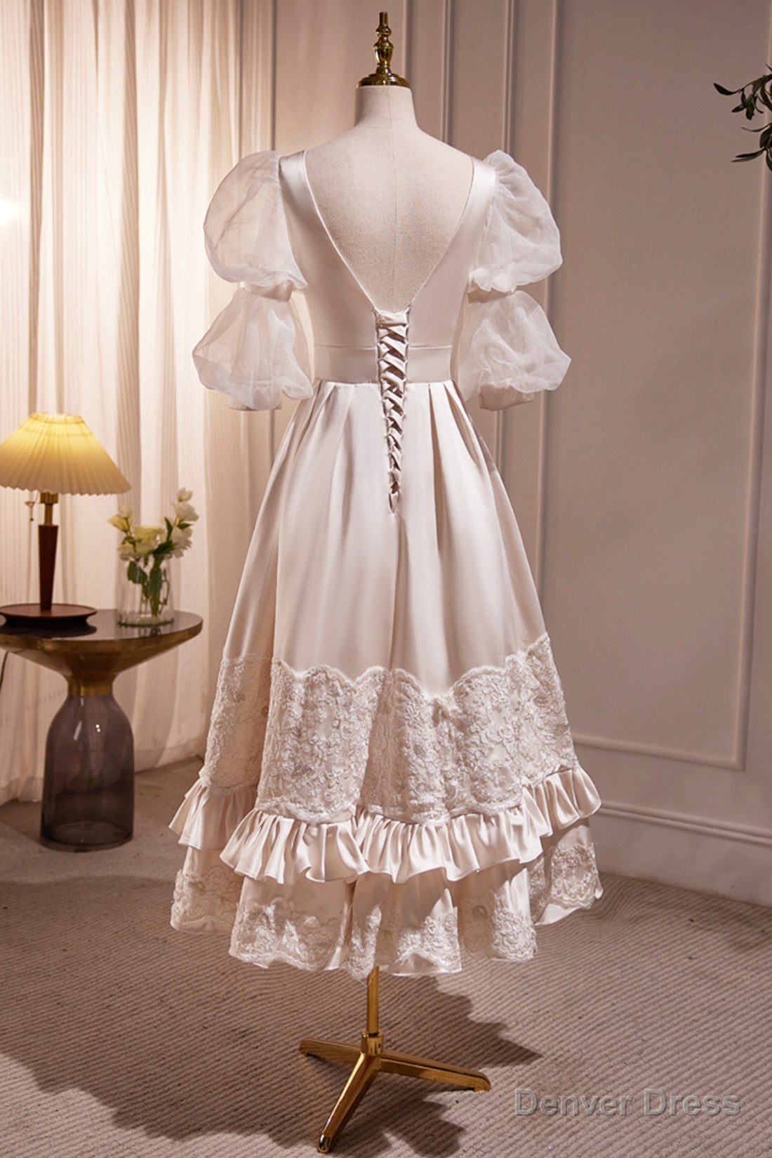 Retro Scoop Neck Lace Tea length Prom Dress, A Line Puffy Short Sleeve Prom Dresses