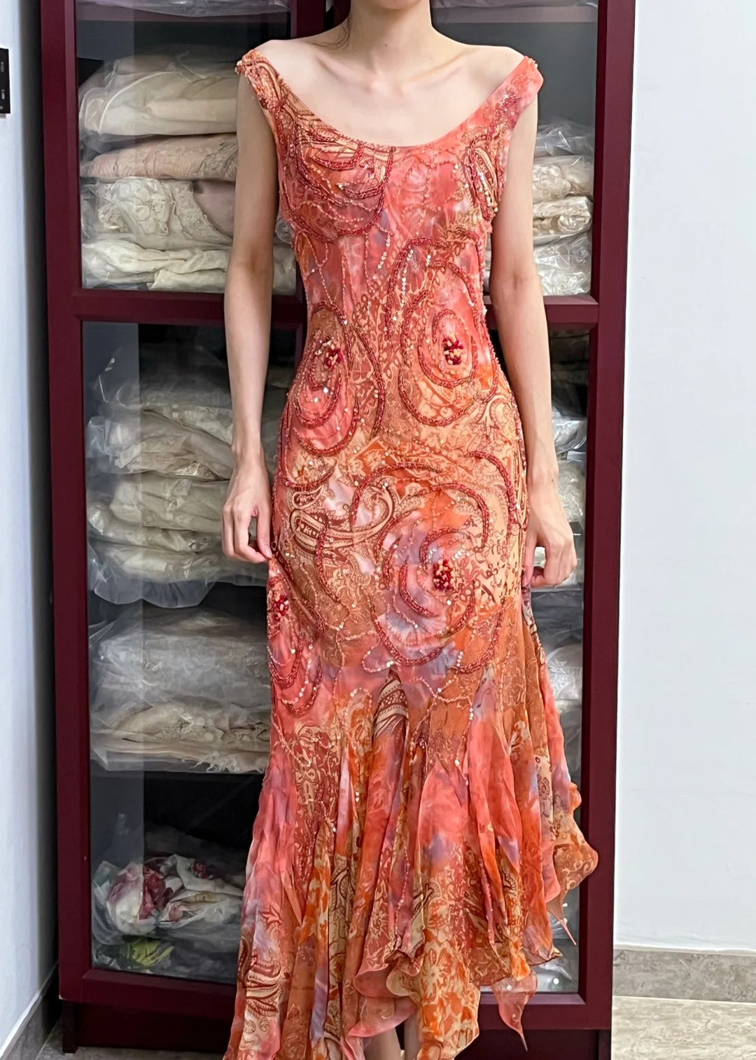 Retro Sparkling Orange-Red Mermaid Ruffled Beaded Chiffon Long Prom Dresses Evening Dresses Main image