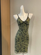 Retro Suspenders Green Floral Mesh Slim Fit 17Th Birthday Homecoming Dresses