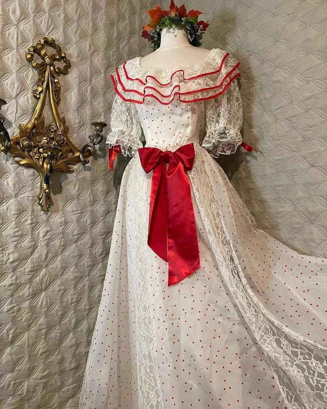 Retro White And Red Color-Blocked Ruffled Collar Polka Dot Bow Lace A-Line Long Prom Dresses Evening Dresses Secondary image