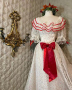 Retro White And Red Color-Blocked Ruffled Collar Polka Dot Bow Lace A-Line Long Prom Dresses Evening Dresses