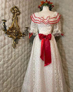 Retro White And Red Color-Blocked Ruffled Collar Polka Dot Bow Lace A-Line Long Prom Dresses Evening Dresses