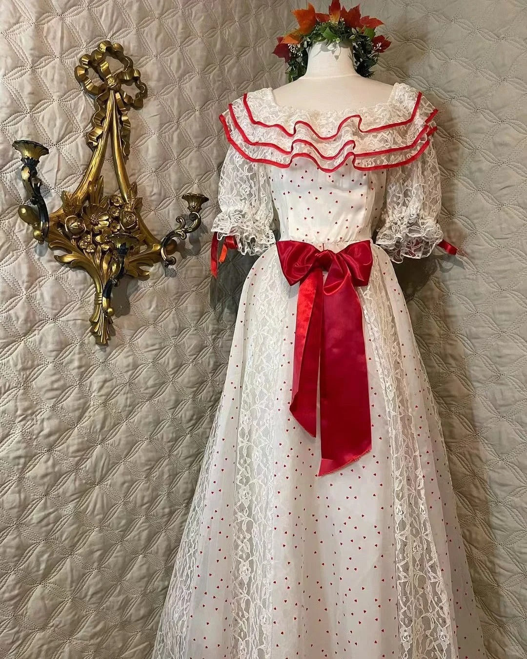 Retro White And Red Color-Blocked Ruffled Collar Polka Dot Bow Lace A-Line Long Prom Dresses Evening Dresses