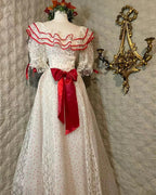 Retro White And Red Color-Blocked Ruffled Collar Polka Dot Bow Lace A-Line Long Prom Dresses Evening Dresses