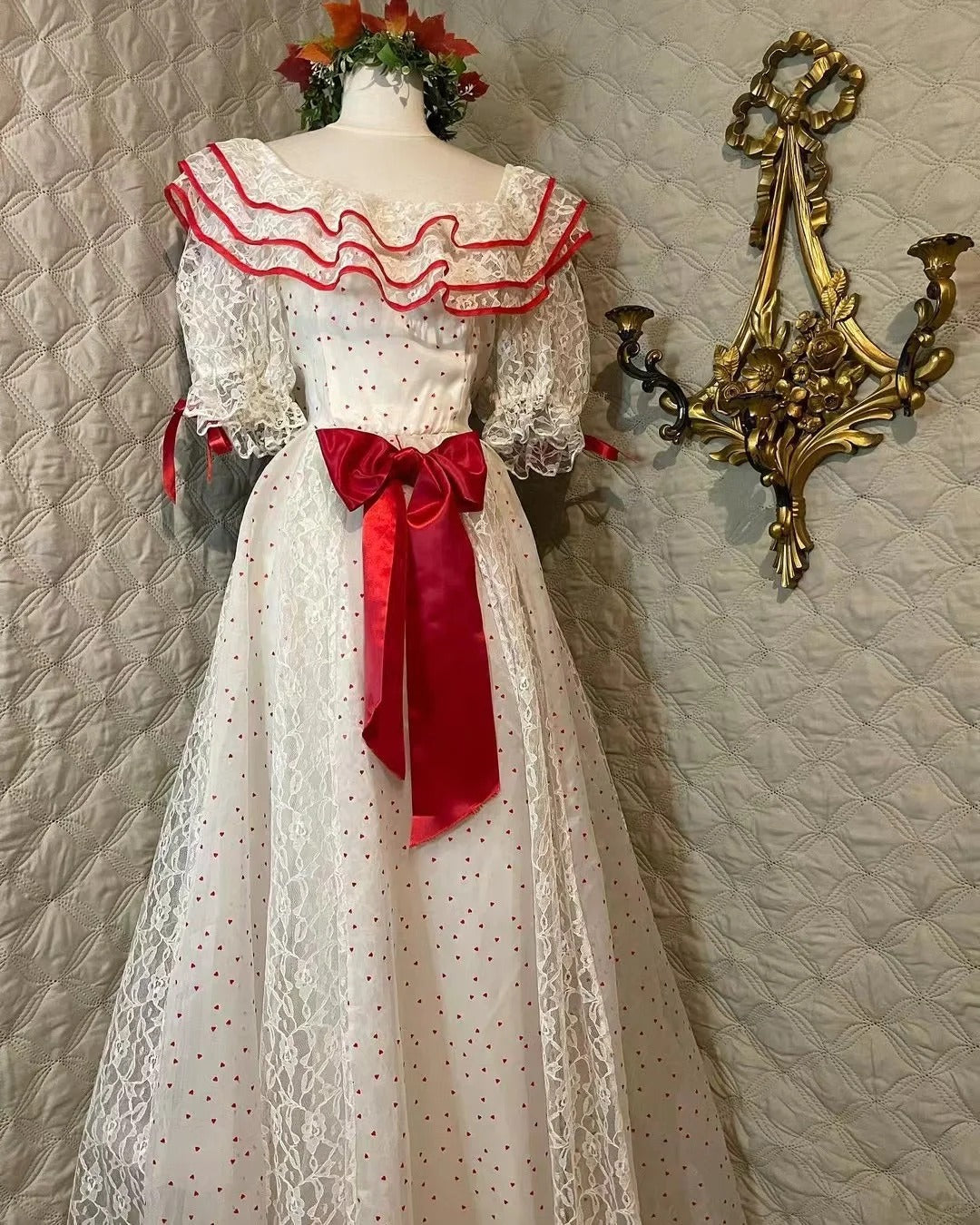 Retro White And Red Color-Blocked Ruffled Collar Polka Dot Bow Lace A-Line Long Prom Dresses Evening Dresses
