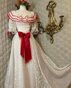 Retro White And Red Color-Blocked Ruffled Collar Polka Dot Bow Lace A-Line Long Prom Dresses Evening Dresses