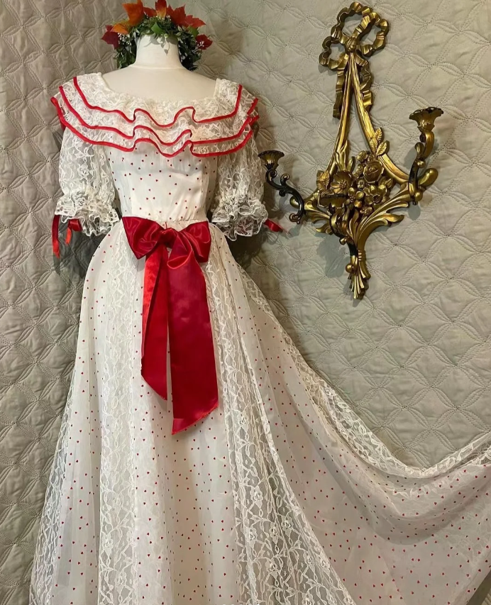 Retro White And Red Color-Blocked Ruffled Collar Polka Dot Bow Lace A-Line Long Prom Dresses Evening Dresses