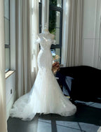 Retro White Mermaid Off-The-Shoulder Herringbone Lace Tulle Wedding Dresses With Train