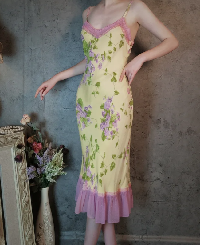 Retro Yellow-Based Purple Floral Mermaid Spaghetti Strap V-Neck Chiffon Prom Dresses Evening Dresses Secondary image