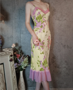 Retro Yellow-Based Purple Floral Mermaid Spaghetti Strap V-Neck Chiffon Prom Dresses Evening Dresses