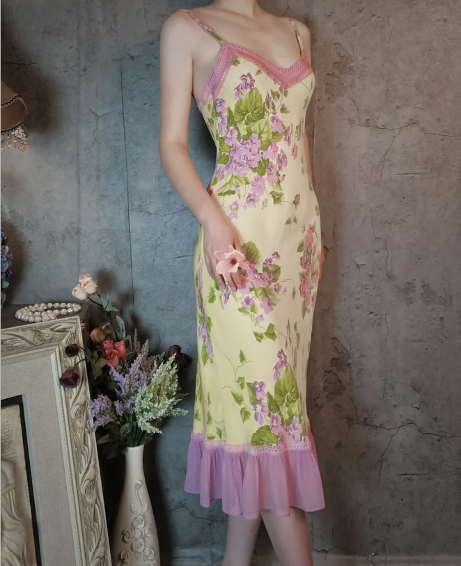 Retro Yellow-Based Purple Floral Mermaid Spaghetti Strap V-Neck Chiffon Prom Dresses Evening Dresses