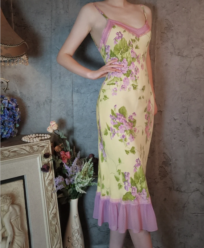 Retro Yellow-Based Purple Floral Mermaid Spaghetti Strap V-Neck Chiffon Prom Dresses Evening Dresses