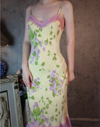 Retro Yellow-Based Purple Floral Mermaid Spaghetti Strap V-Neck Chiffon Prom Dresses Evening Dresses