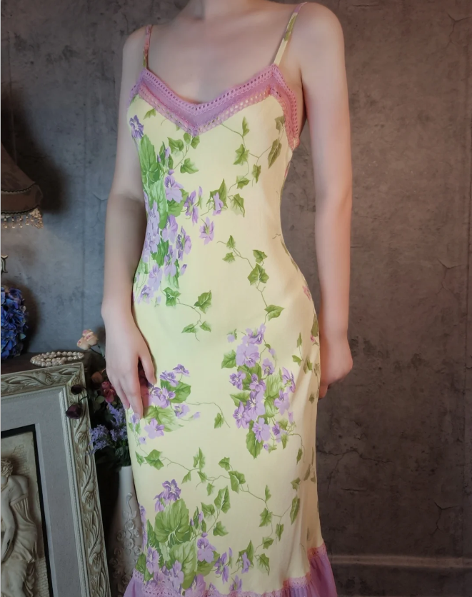 Retro Yellow-Based Purple Floral Mermaid Spaghetti Strap V-Neck Chiffon Prom Dresses Evening Dresses