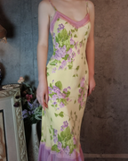 Retro Yellow-Based Purple Floral Mermaid Spaghetti Strap V-Neck Chiffon Prom Dresses Evening Dresses