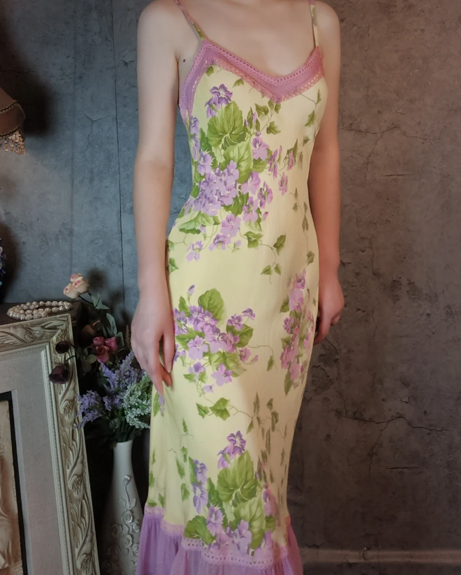Retro Yellow-Based Purple Floral Mermaid Spaghetti Strap V-Neck Chiffon Prom Dresses Evening Dresses
