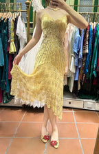Retro Yellow Irregular Deep V Halter Lace Satin Prom Dresses Evening Dresses