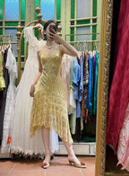 Retro Yellow Irregular Deep V Halter Lace Satin Prom Dresses Evening Dresses