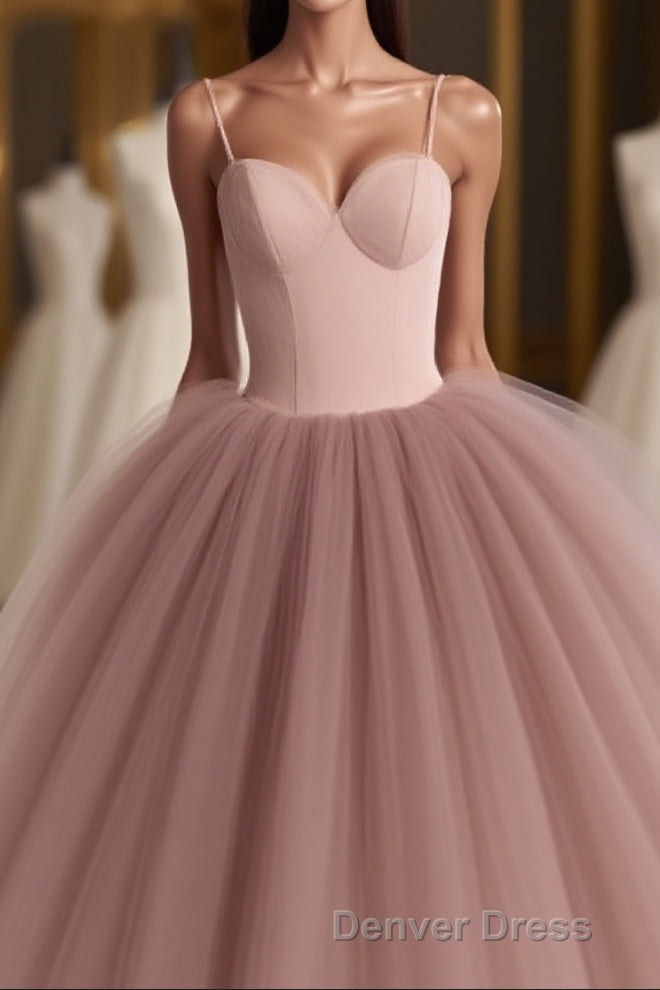 Dusty Rose A Line Tulle Floor Length Spaghetti Straps Sweetheart Prom Dress
