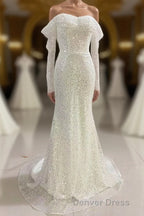Ivory Mermaid Sequined Prom Dress with Long Sleeves, Sparkly Long Prom Dresses