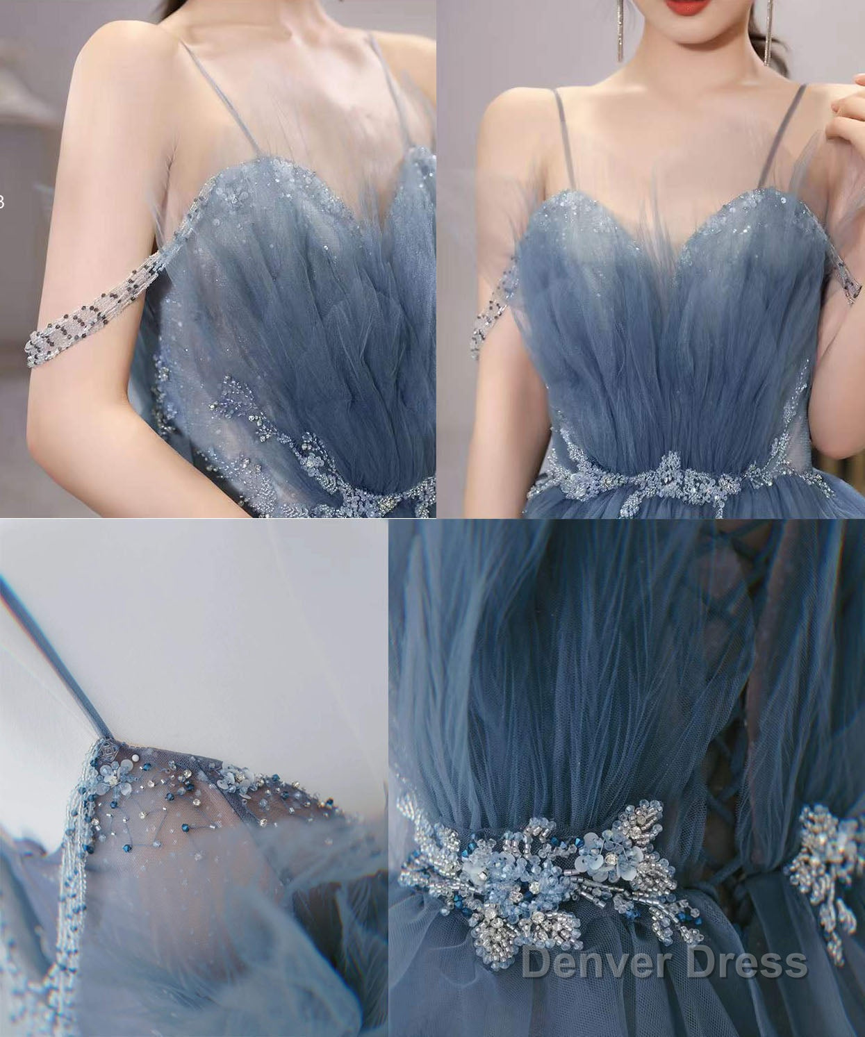 Gorgeous Blue Sparkly Tulle Beaded Prom Dresses, Tiered Prom Gowns with Rhinestone