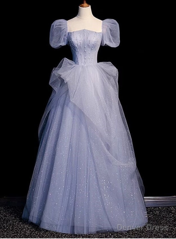 Romance Blue Tulle Sequins Puff Sleeve Beading Prom Dress Main image