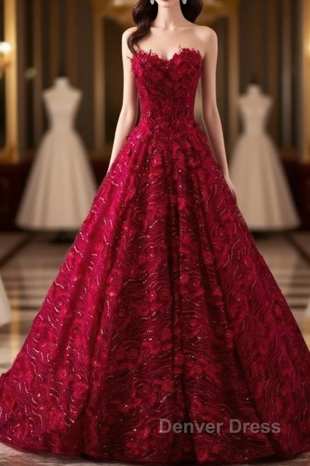 Romantic Burgundy Lace Embroidery Sweetheart Wedding Dresses Princess Main image