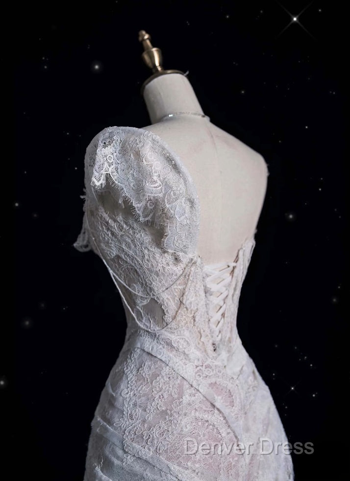 Romantic High Low One Shoulder Lace White Long Wedding Dresses